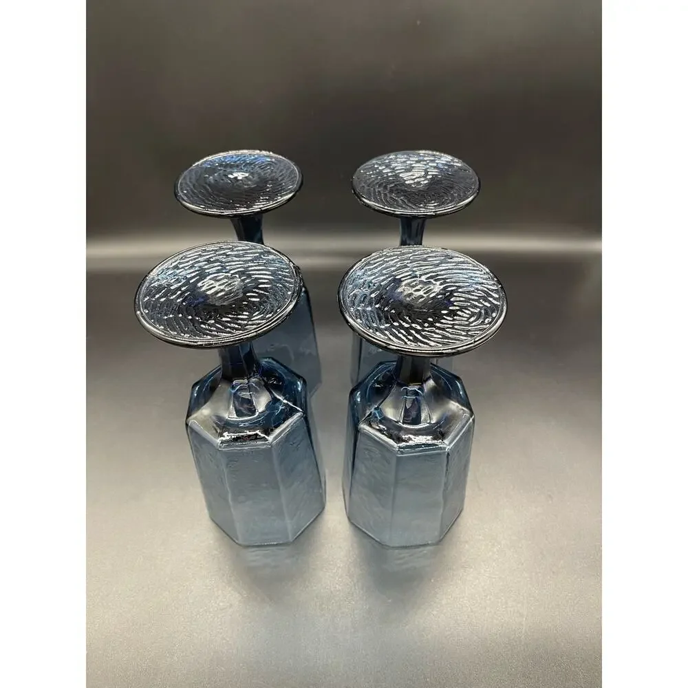 Vintage Libbey Facets Cobalt Blue Textured Set of 4 Water Goblets Octagon 6.75